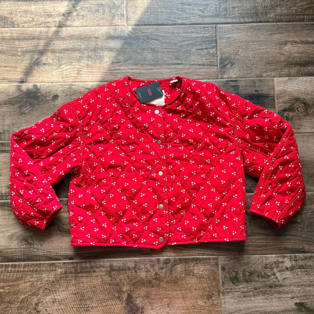 Levi's Women Cottagecore Josie Daisy Dot Urban Quilted Liner Jacket, Red,L(NWT)